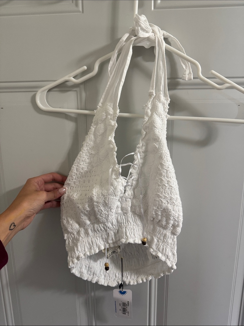 White Smocked Halter Crop Top with Tie Neck